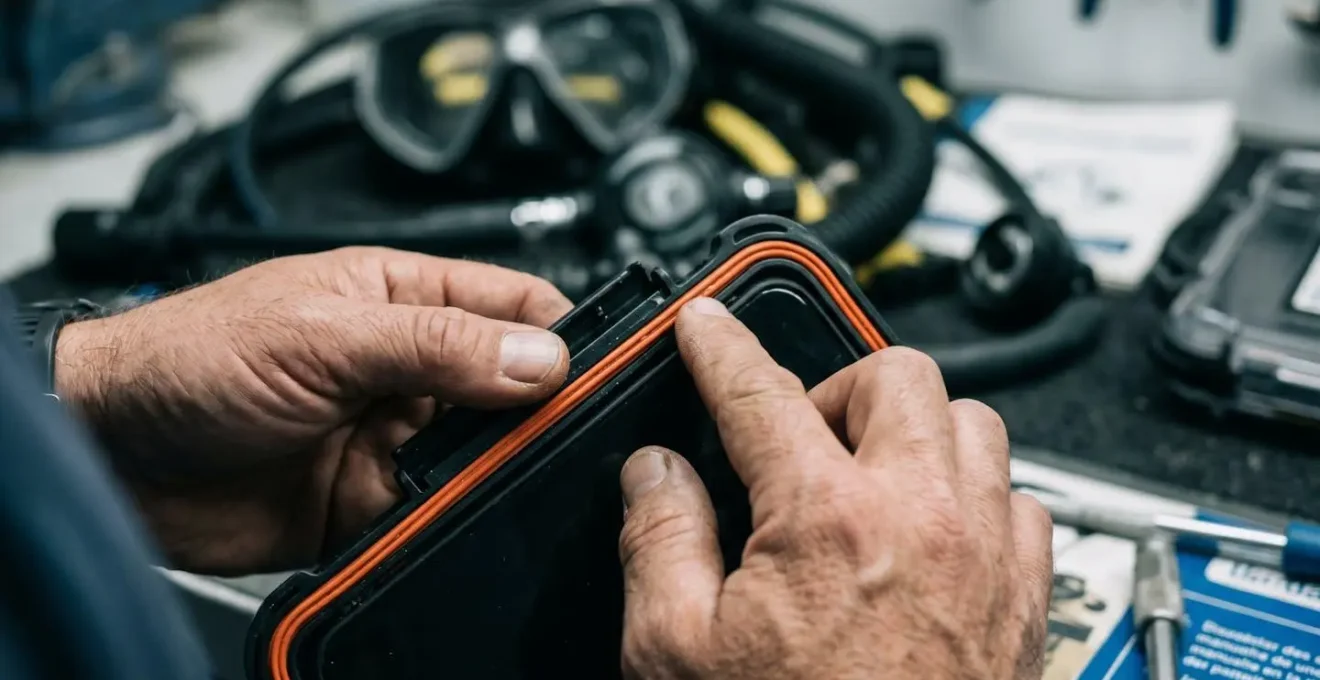 Gros plan de mains inspectant le joint torique orange d'une coque étanche de smartphone, doigt vérifiant l'absence de débris, arrière-plan flou avec équipement de plongée sur établi, éclairage latéral contrasté