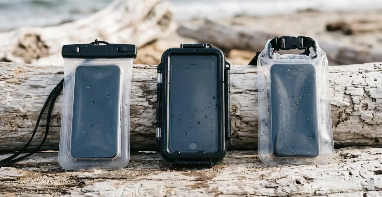 Trois types de protections étanches pour smartphone disposées sur bois flotté blanchi : housse souple transparente à gauche, coque rigide noire avec joints au centre, pochette à fermeture rouleau à droite, gouttelettes d'eau visibles, lumière naturelle douce