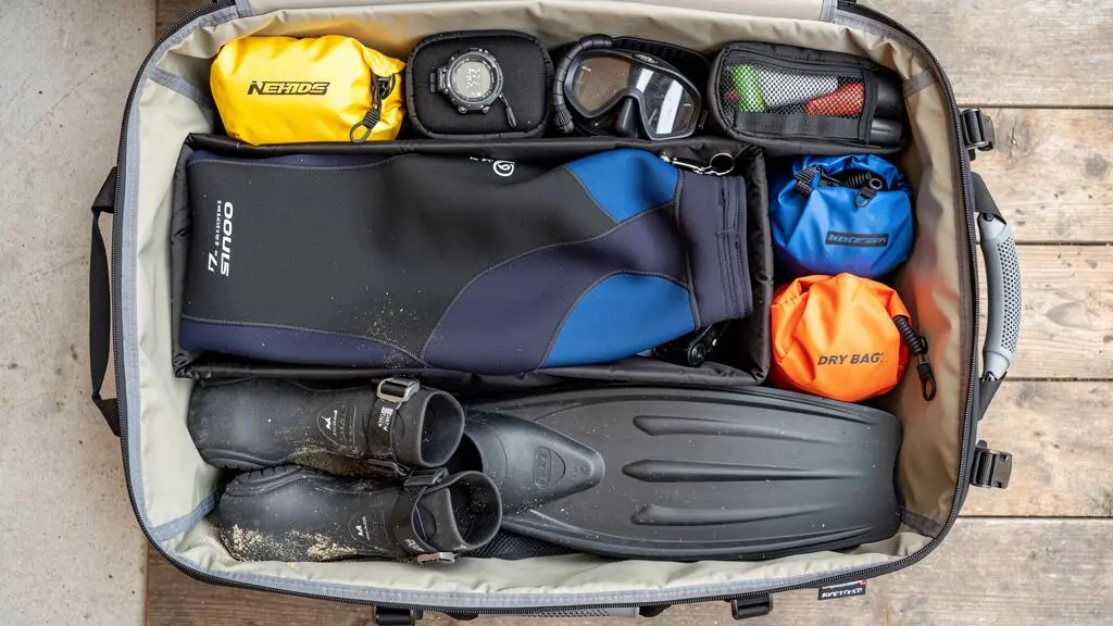 Vue de dessus d'un sac de plongée ouvert montrant l'organisation en couches du matériel : palmes et bottillons en fond, combinaison pliée, équipements fragiles protégés en surface.