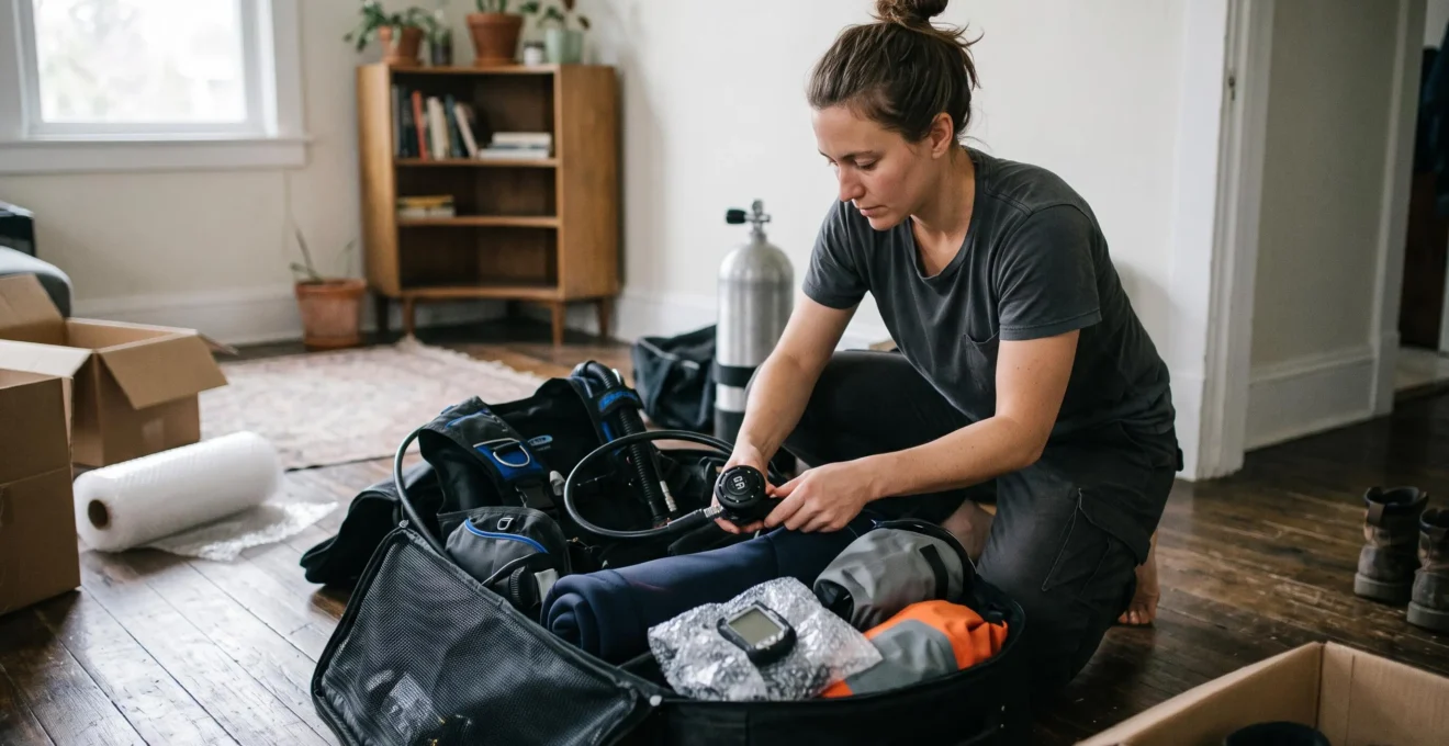 Plongeur organisant méthodiquement son matériel de plongée dans un grand sac ouvert au sol, entouré d'équipements et de protections.