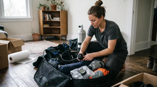 Plongeur organisant méthodiquement son matériel de plongée dans un grand sac ouvert au sol, entouré d'équipements et de protections.